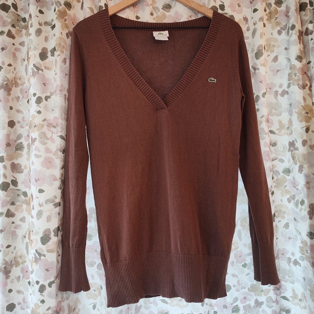 Lacoste Brown Women’s Deep V-Neck Sweater Size 40 Medium 100% Cotton Croc Logo
